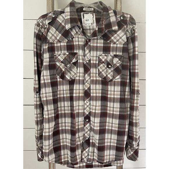 BKE Mens Pearl Snap Western Shirt Athletic Fit Long Sleeves Brown Stitched Large - Picture 1 of 8
